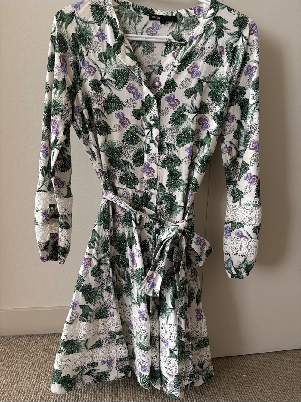 Mango White Green and Purple Floral Tie-Waist Long Sleeve Dress